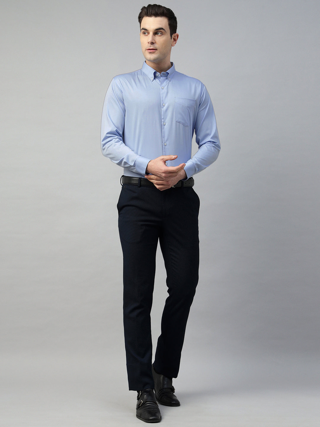 Hancock Men Sky Blue Solid Pure Cotton Slim Fit Formal Shirt