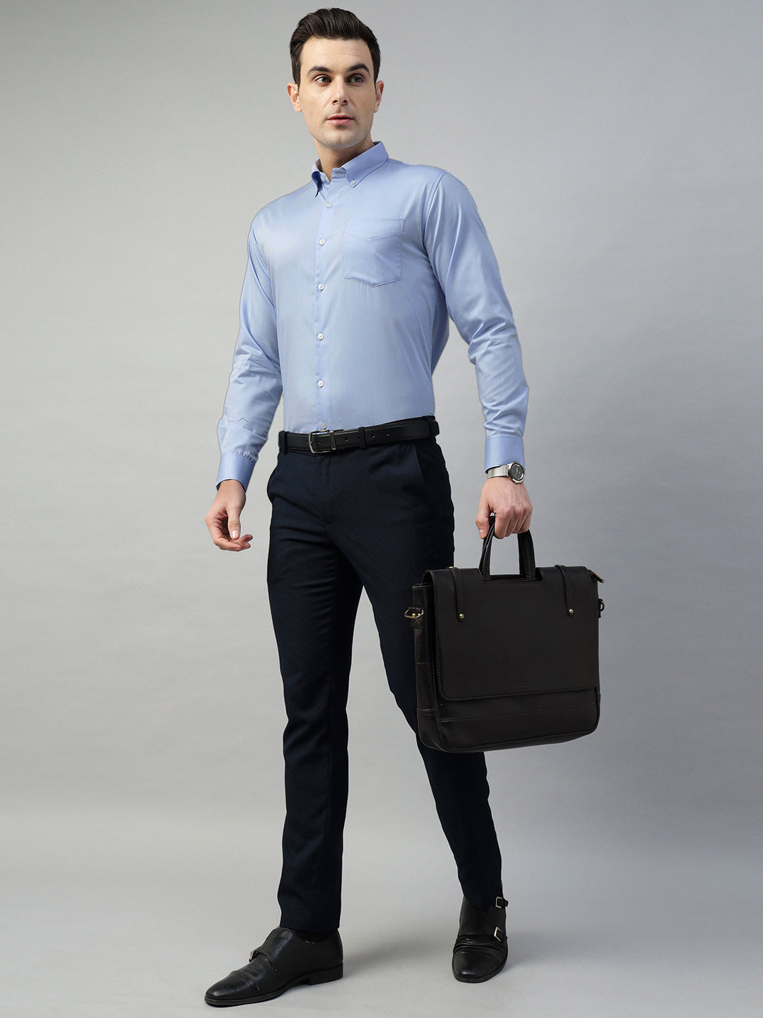 Hancock Men Sky Blue Solid Pure Cotton Slim Fit Formal Shirt