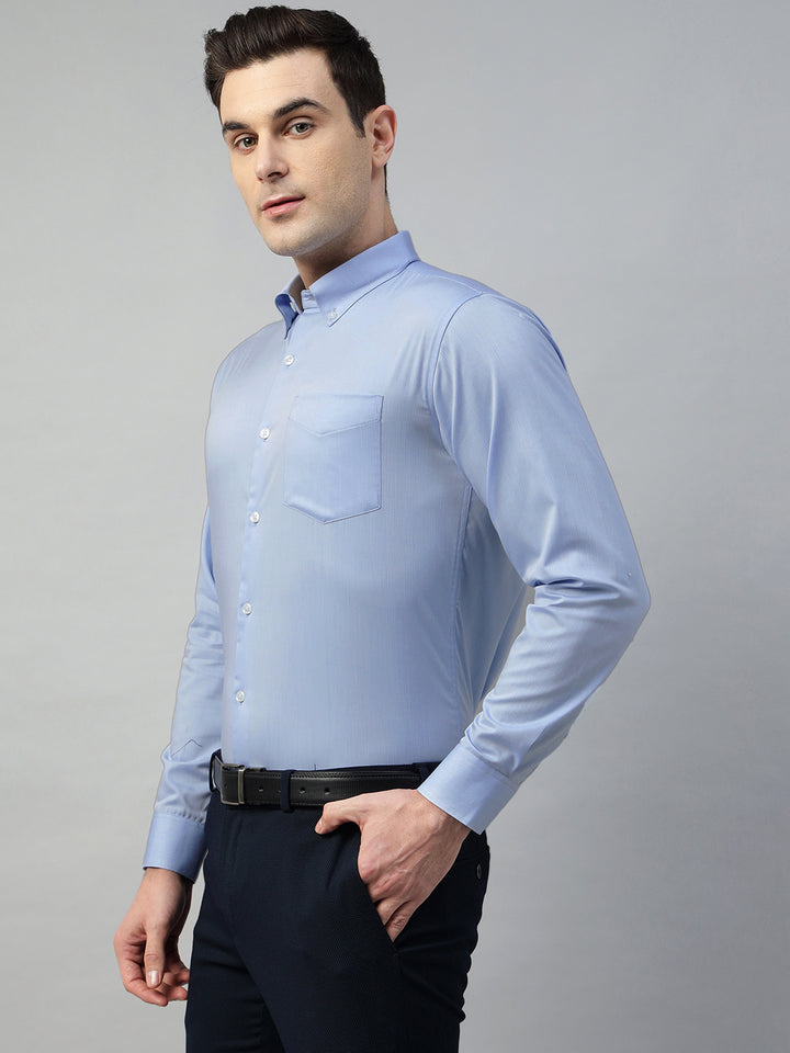 Hancock Men Sky Blue Solid Pure Cotton Slim Fit Formal Shirt