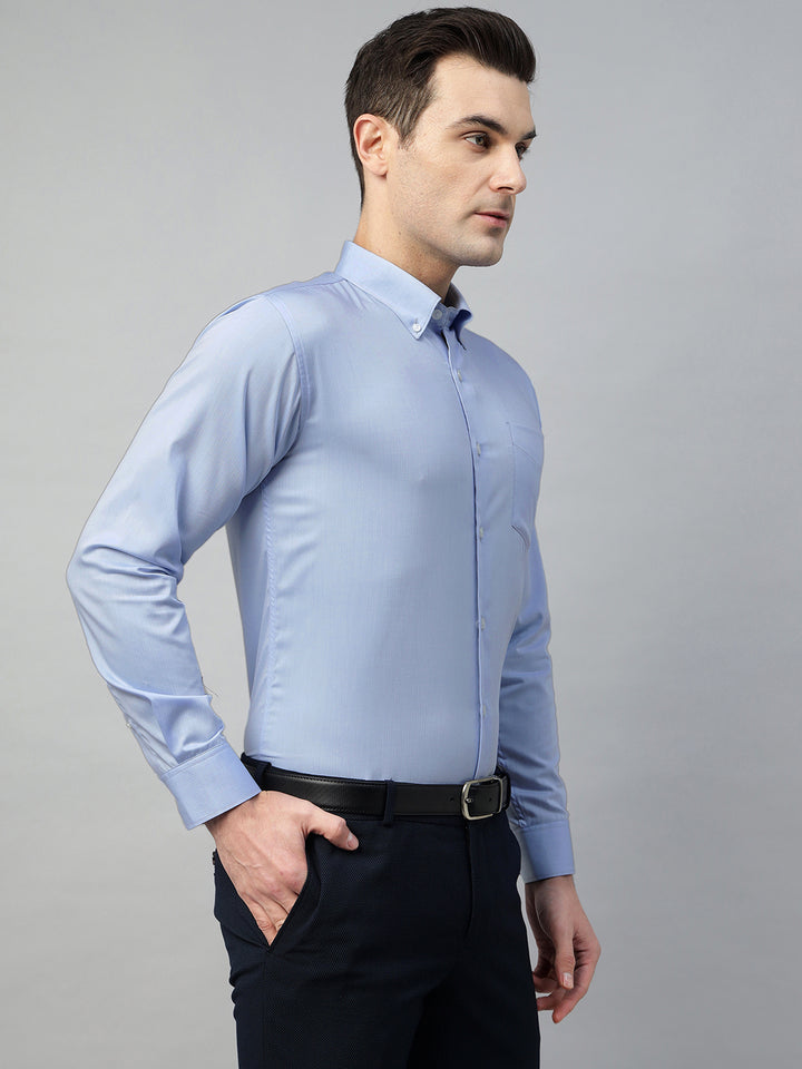 Hancock Men Sky Blue Solid Pure Cotton Slim Fit Formal Shirt