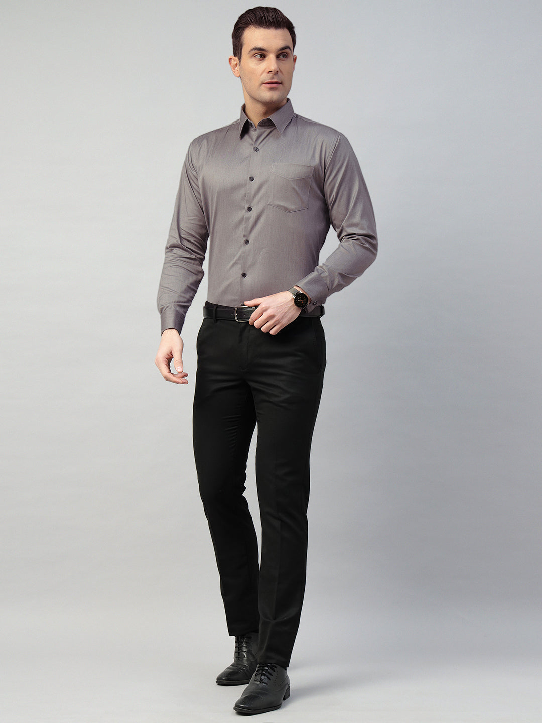 Hancock Men Grey Solid Cotton Elastene Slim Fit Formal Shirt