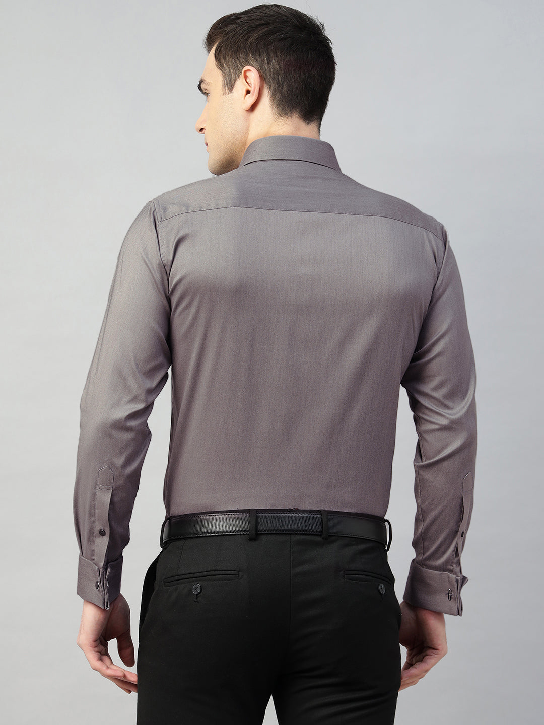 Hancock Men Grey Solid Cotton Elastene Slim Fit Formal Shirt