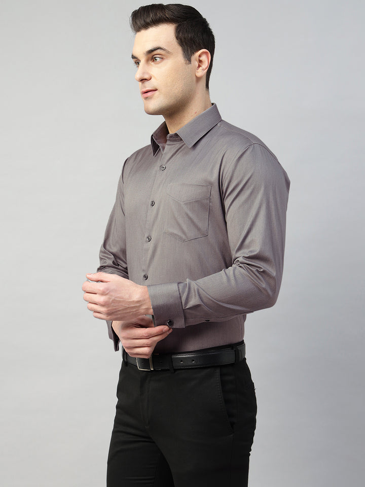 Hancock Men Grey Solid Cotton Elastene Slim Fit Formal Shirt