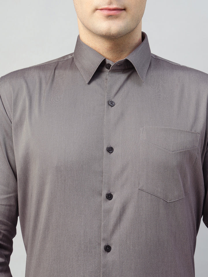 Hancock Men Grey Solid Cotton Elastene Slim Fit Formal Shirt