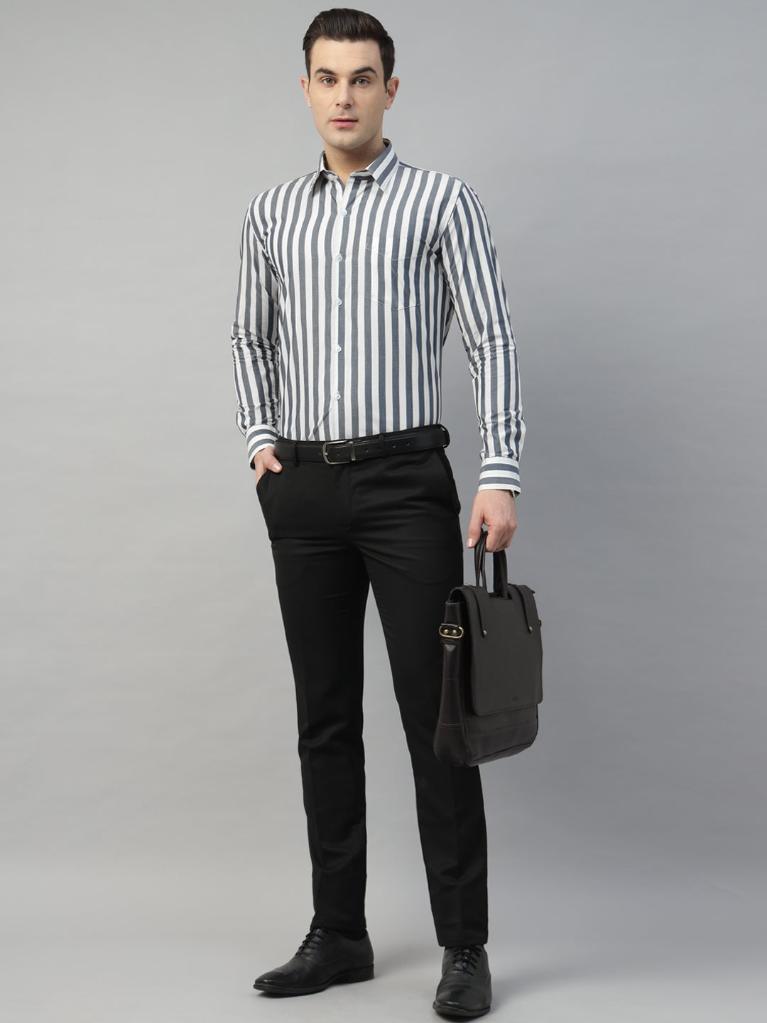 Hancock Men White & Grey Stripe Pure Cotton Slim Fit Formal Shirt