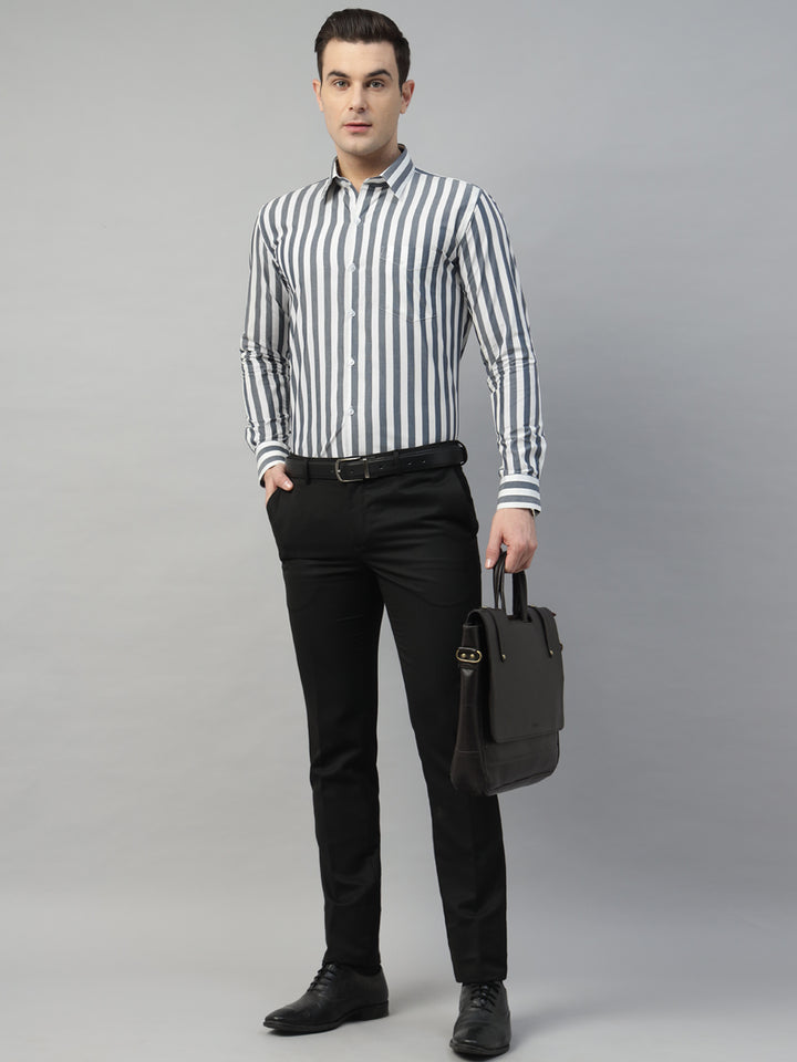 Hancock Men White & Grey Stripe Pure Cotton Slim Fit Formal Shirt