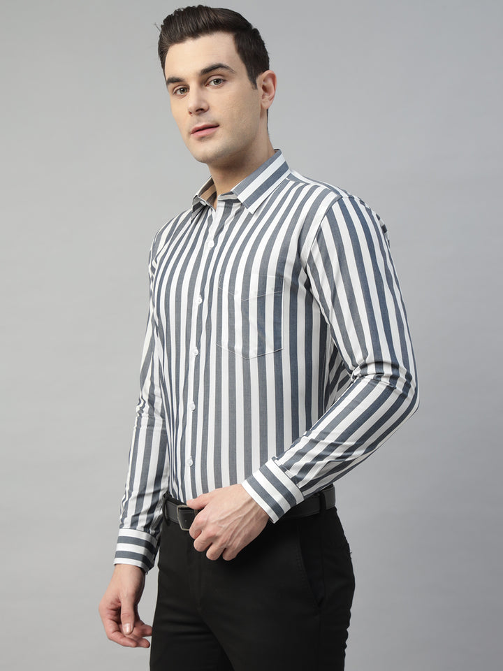 Hancock Men White & Grey Stripe Pure Cotton Slim Fit Formal Shirt