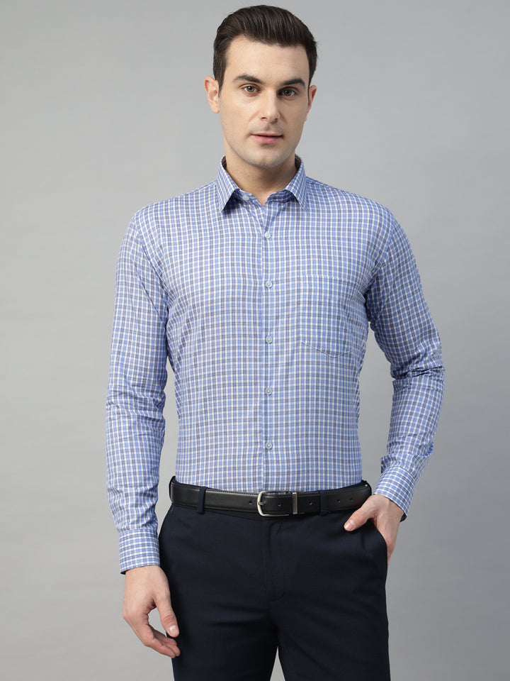 Hancock Men White & Blue Check Pure Cotton Slim Fit Formal Shirt