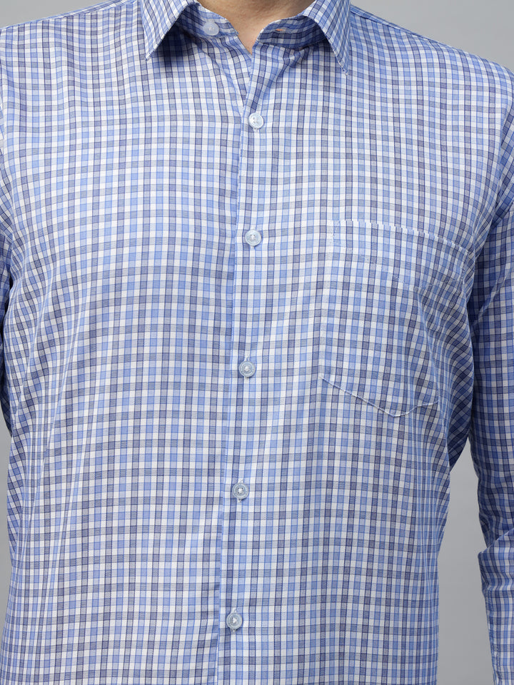 Hancock Men White & Blue Check Pure Cotton Slim Fit Formal Shirt