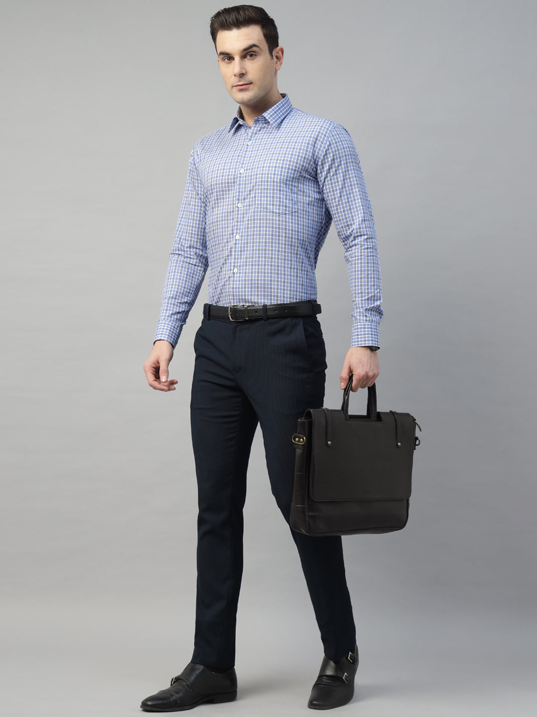 Hancock Men White & Blue Check Pure Cotton Slim Fit Formal Shirt
