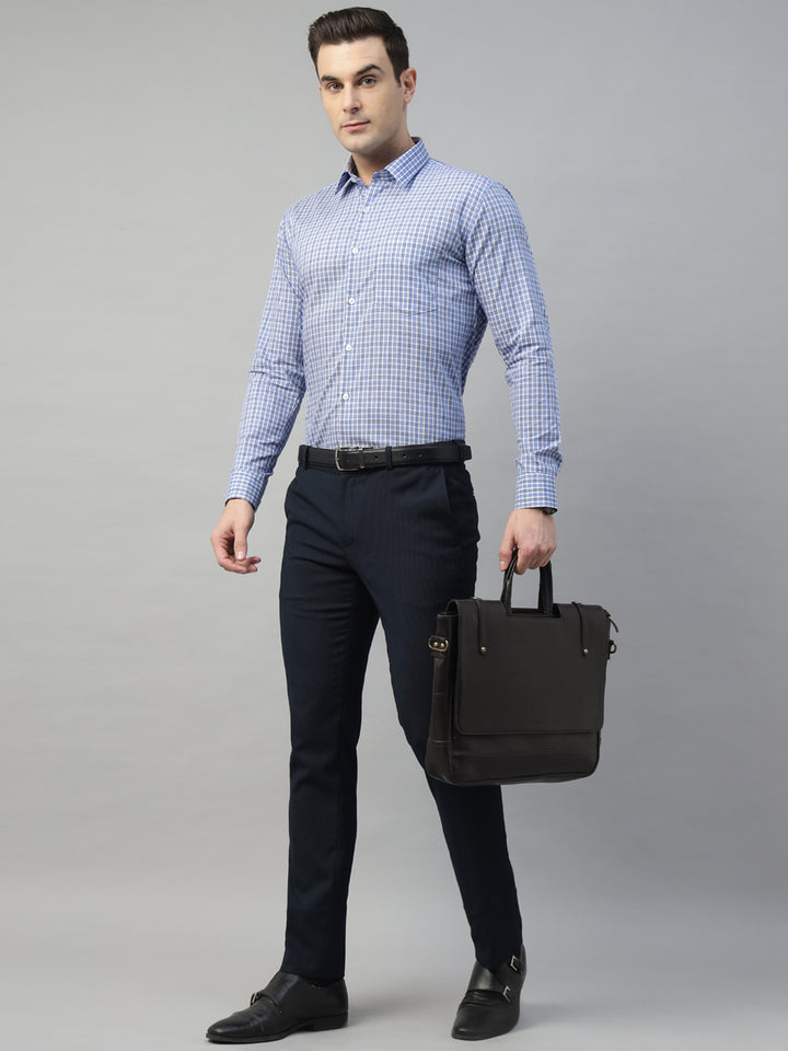 Hancock Men White & Blue Check Pure Cotton Slim Fit Formal Shirt