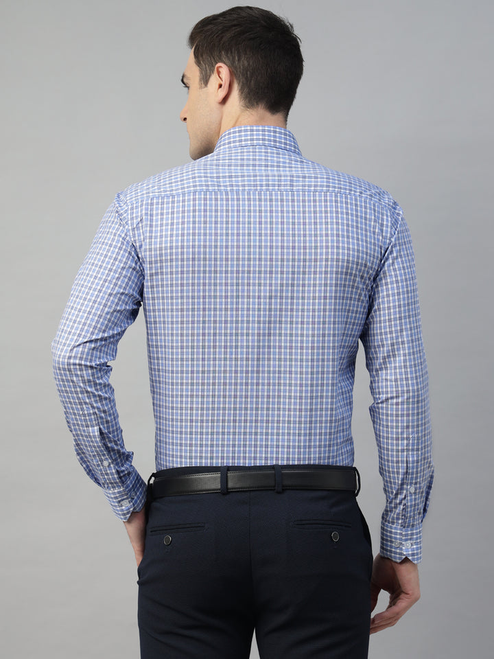 Hancock Men White & Blue Check Pure Cotton Slim Fit Formal Shirt