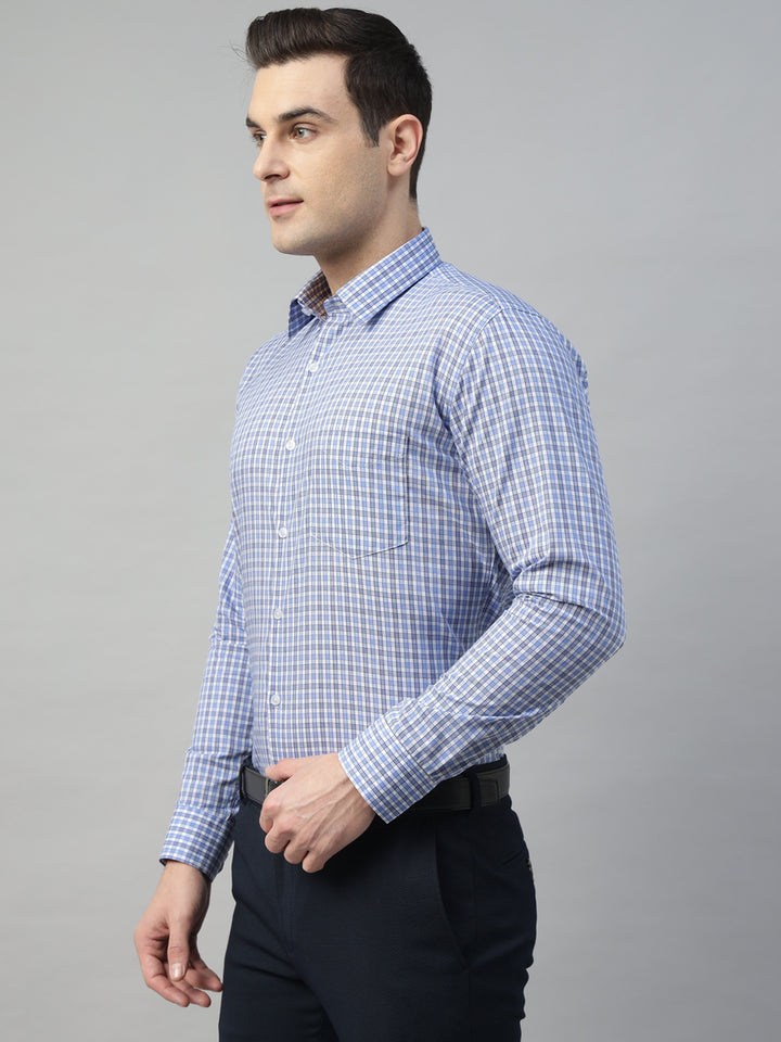 Hancock Men White & Blue Check Pure Cotton Slim Fit Formal Shirt