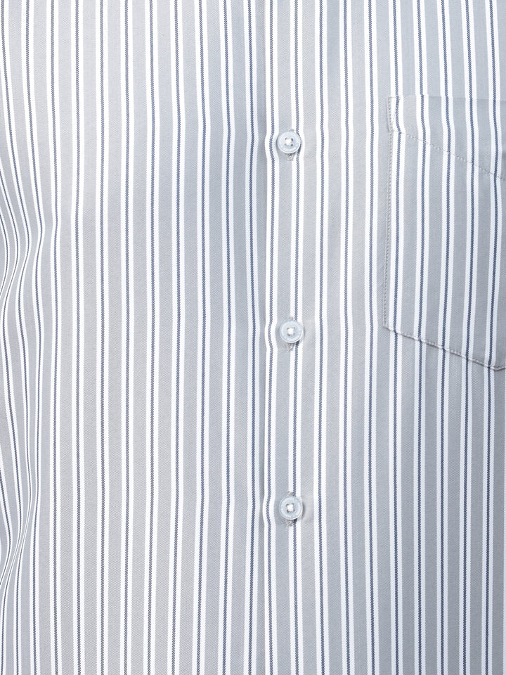 Hancock Men Grey & White Stripe Pure Cotton Slim Fit Formal Shirt