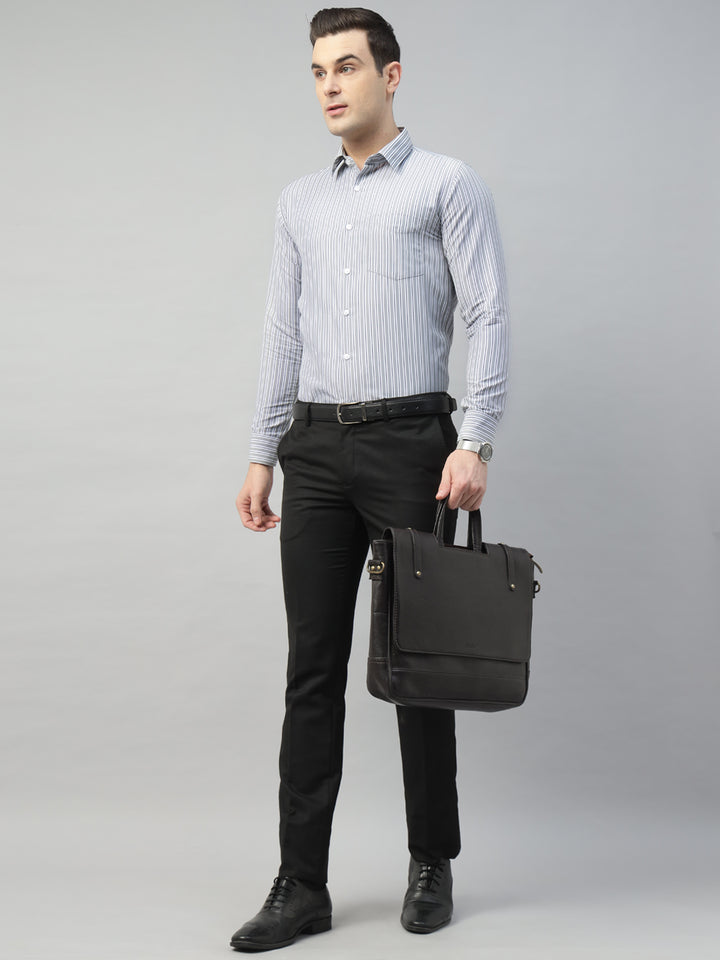 Hancock Men Grey & White Stripe Pure Cotton Slim Fit Formal Shirt