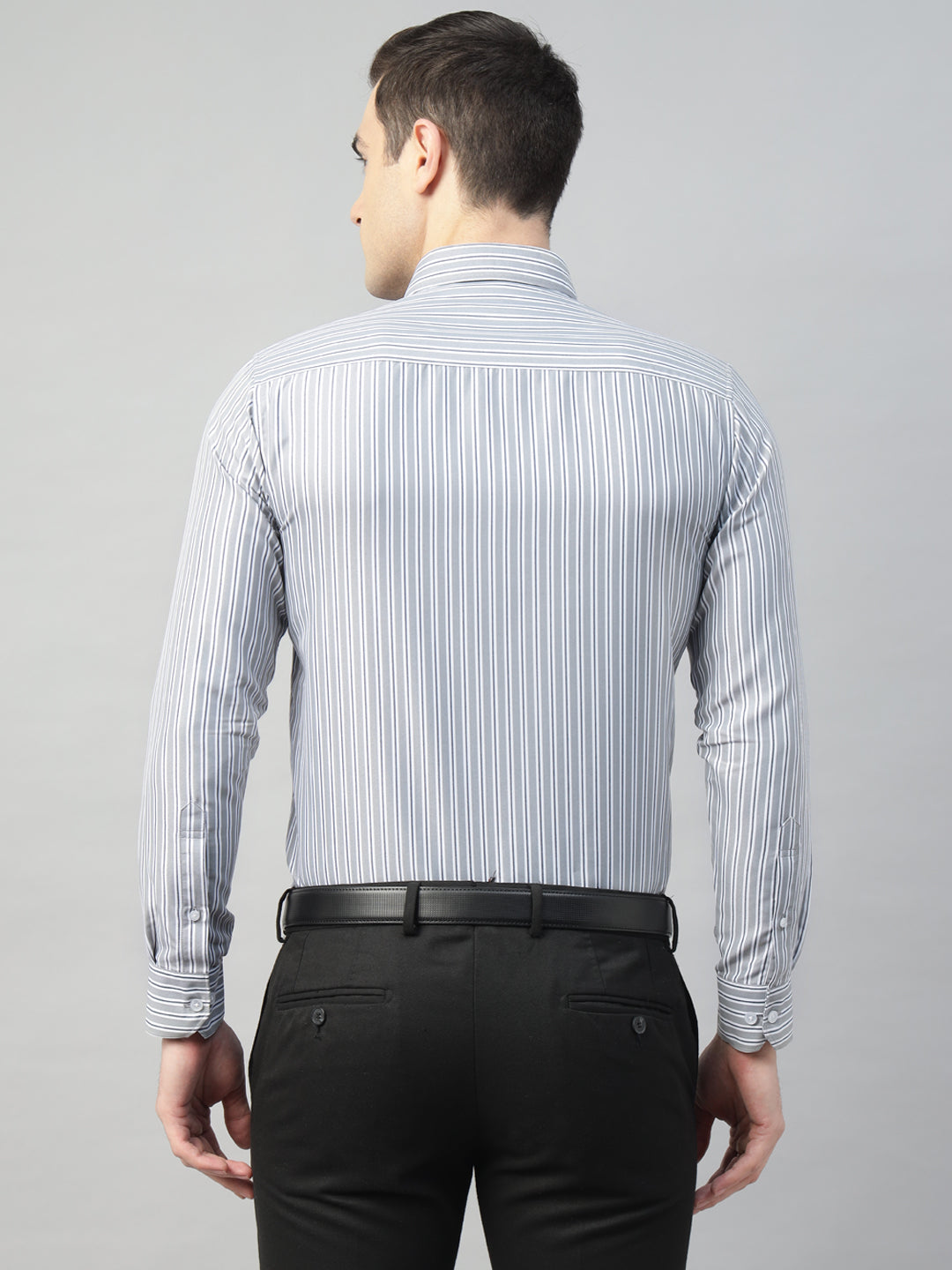 Hancock Men Grey & White Stripe Pure Cotton Slim Fit Formal Shirt