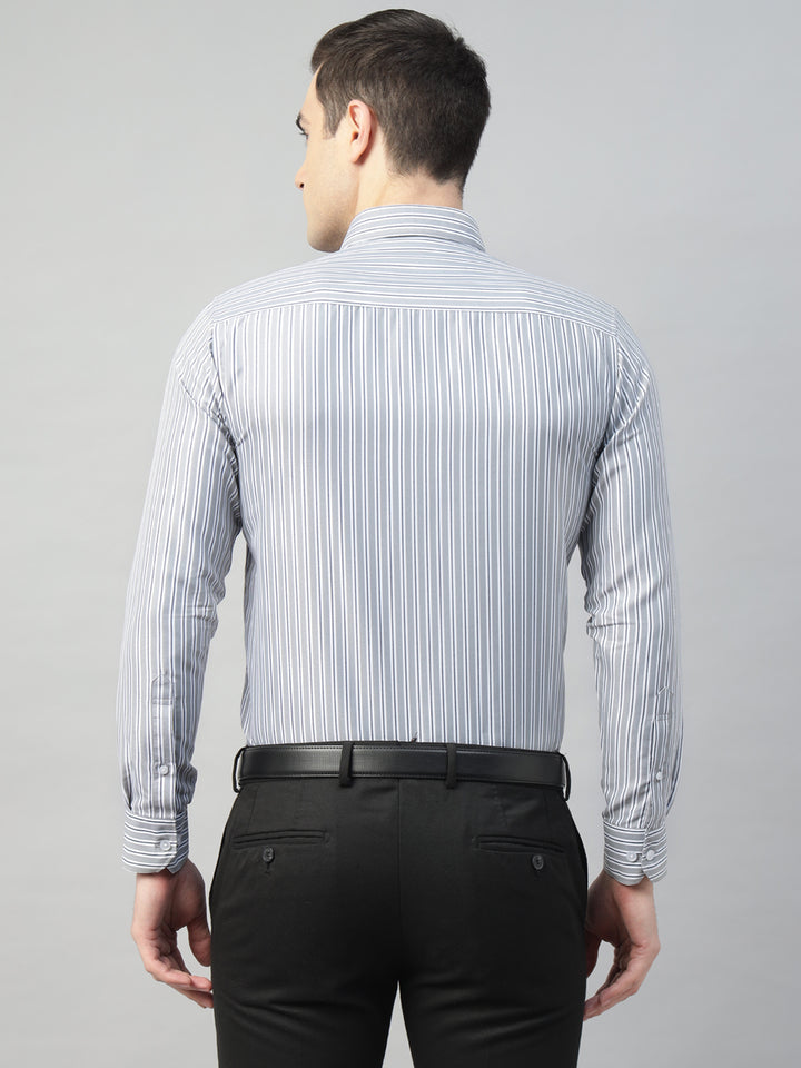 Hancock Men Grey & White Stripe Pure Cotton Slim Fit Formal Shirt