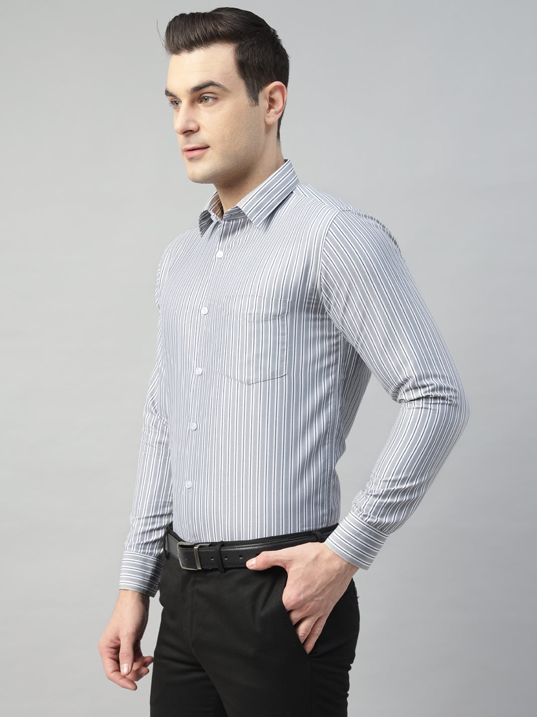 Hancock Men Grey & White Stripe Pure Cotton Slim Fit Formal Shirt