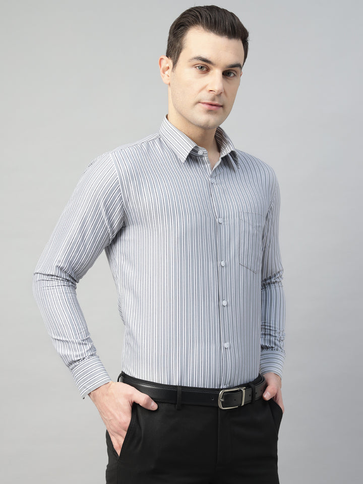 Hancock Men Grey & White Stripe Pure Cotton Slim Fit Formal Shirt