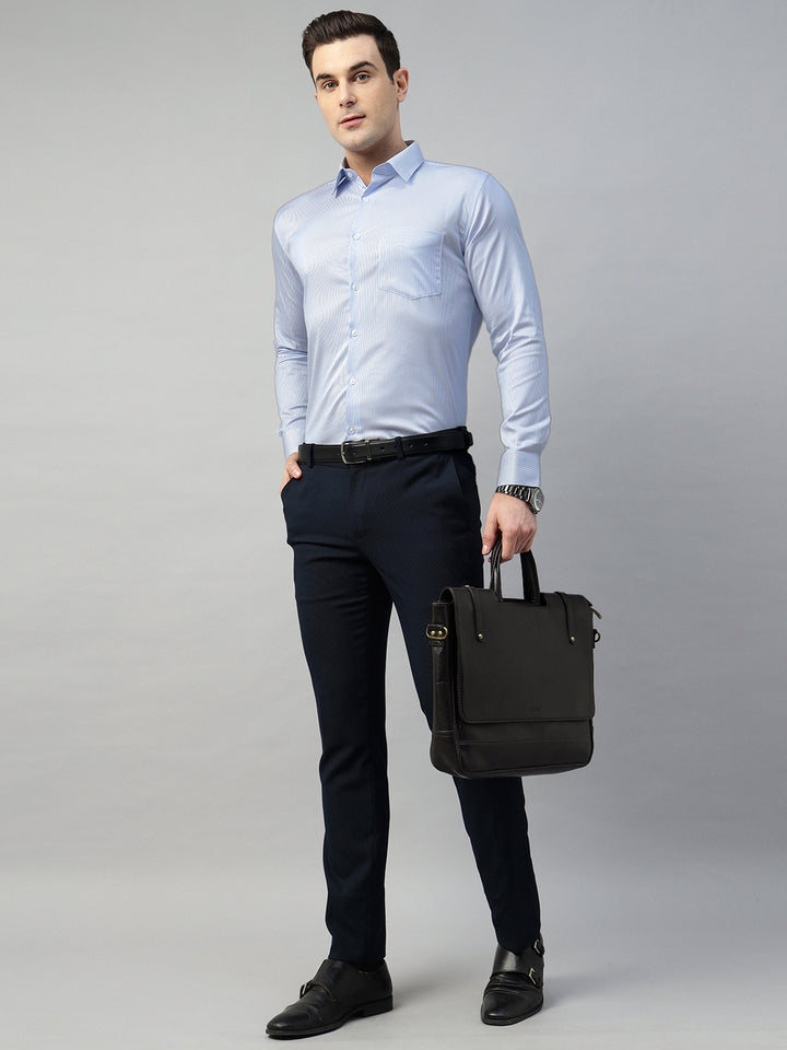 Hancock Men White & Blue Stripe Pure Cotton Slim Fit Formal Shirt