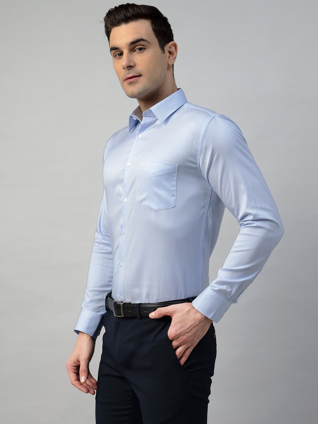 Hancock Men White & Blue Stripe Pure Cotton Slim Fit Formal Shirt