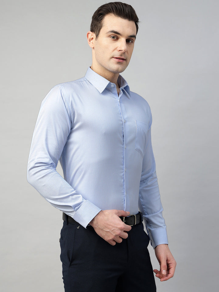 Hancock Men White & Blue Stripe Pure Cotton Slim Fit Formal Shirt
