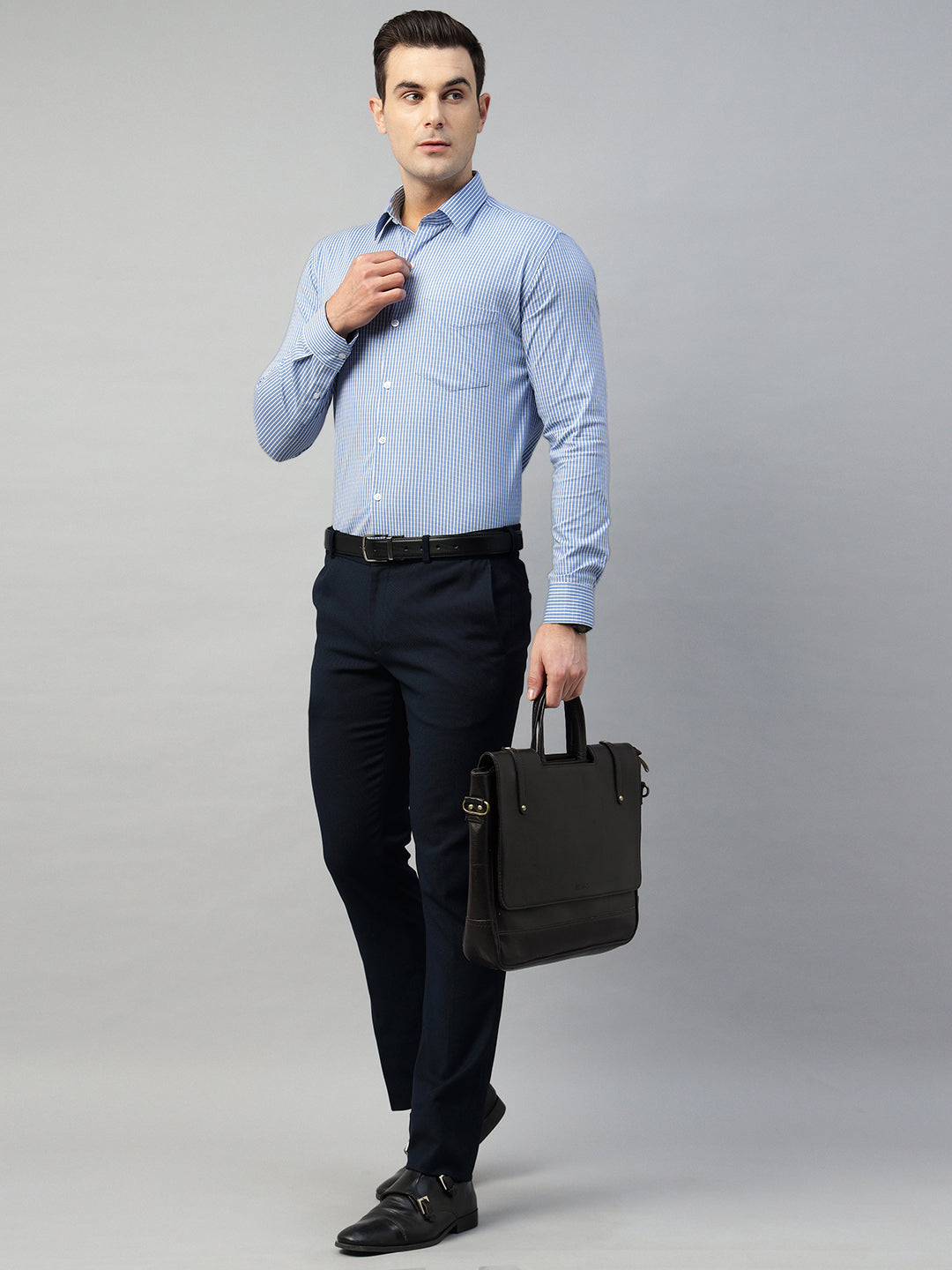 Hancock Men Blue Check Pure Cotton Slim Fit Formal Shirt