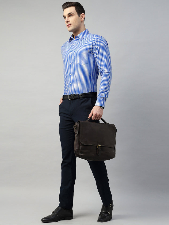 Hancock Men White & Blue Check Pure Cotton Slim Fit Formal Shirt