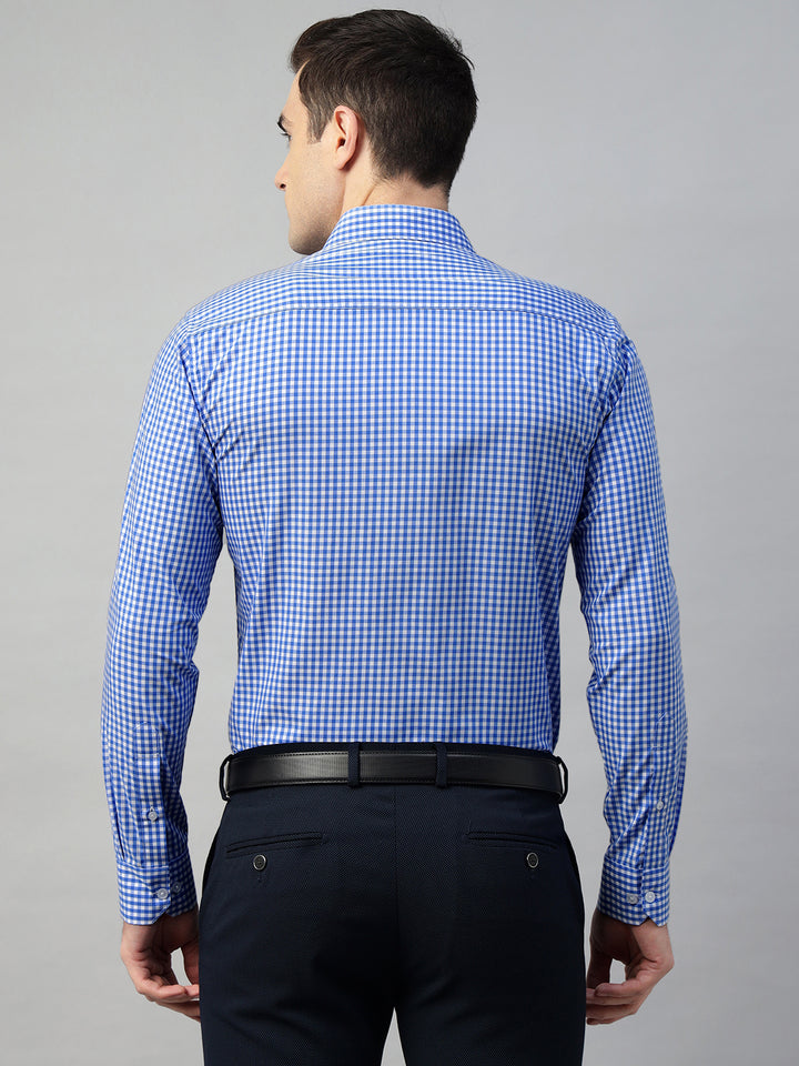 Hancock Men White & Blue Check Pure Cotton Slim Fit Formal Shirt