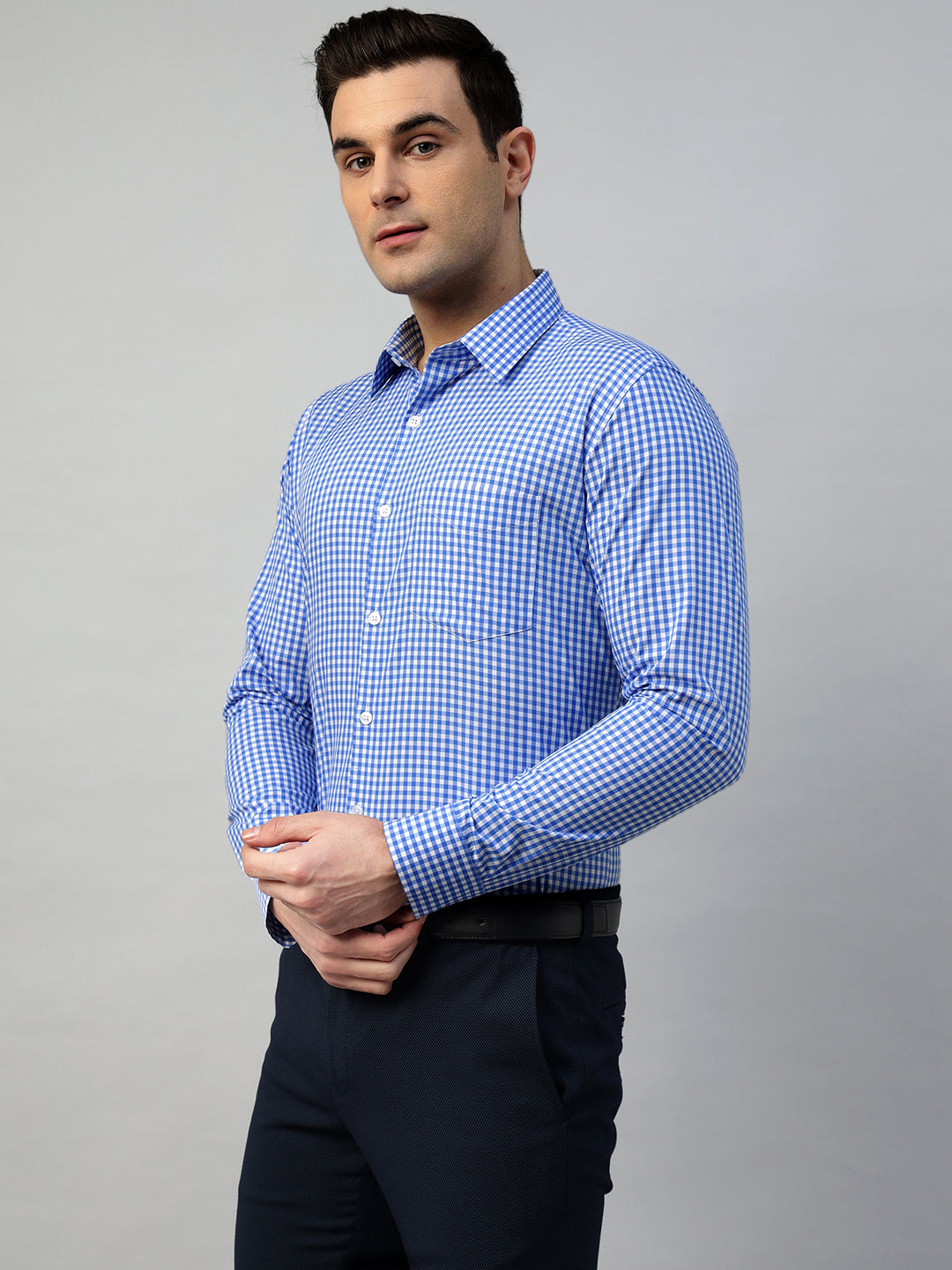 Hancock Men White & Blue Check Pure Cotton Slim Fit Formal Shirt