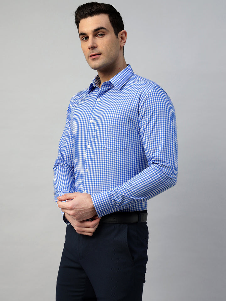 Hancock Men White & Blue Check Pure Cotton Slim Fit Formal Shirt