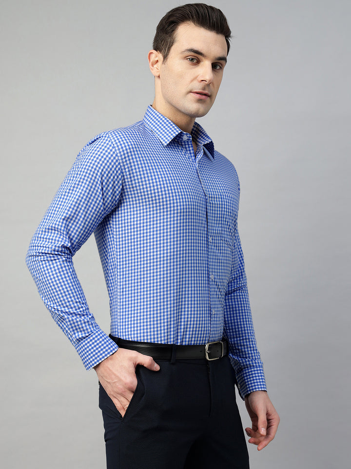 Hancock Men White & Blue Check Pure Cotton Slim Fit Formal Shirt