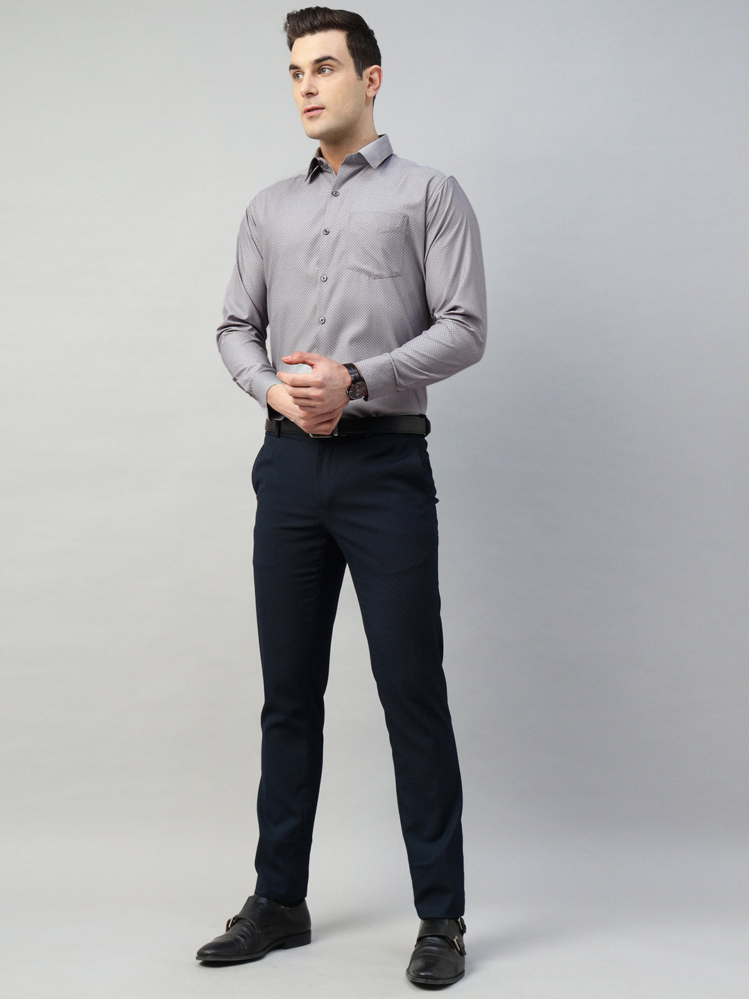 Hancock Men Grey Solid Polyester Slim Fit Formal Shirt