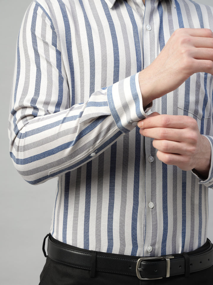Hancock Men Beige & Grey Stripe Polyester Slim Fit Formal Shirt