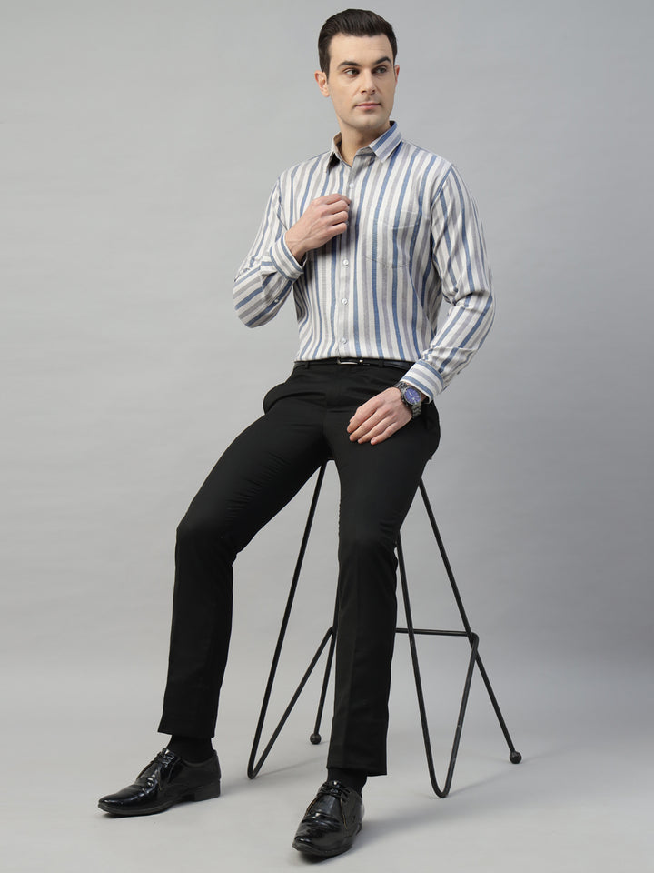 Hancock Men Beige & Grey Stripe Polyester Slim Fit Formal Shirt