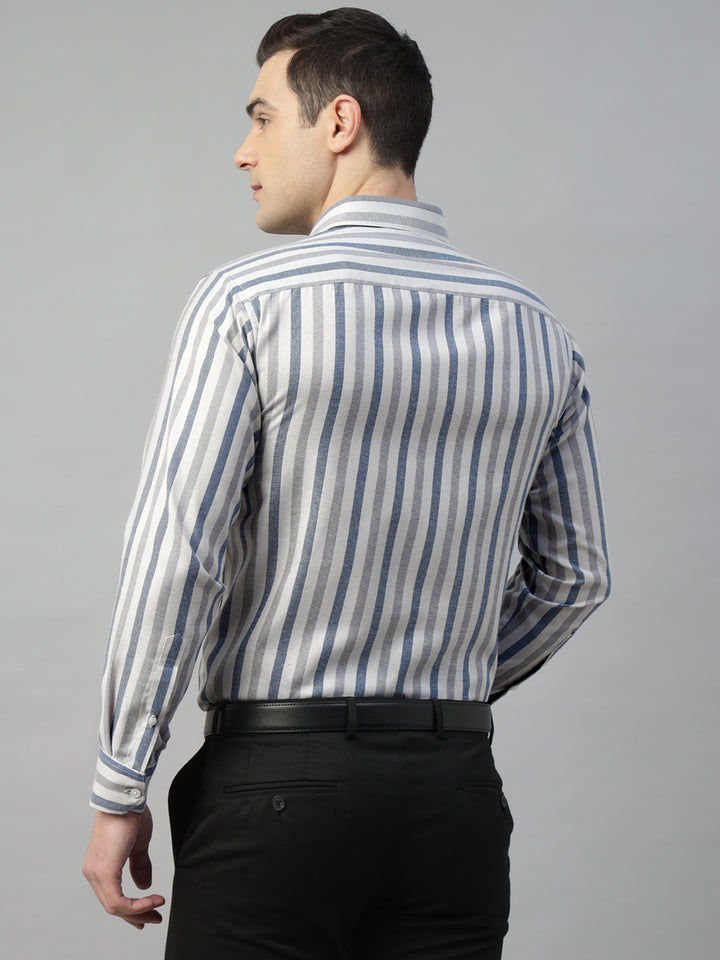 Hancock Men Beige & Grey Stripe Polyester Slim Fit Formal Shirt