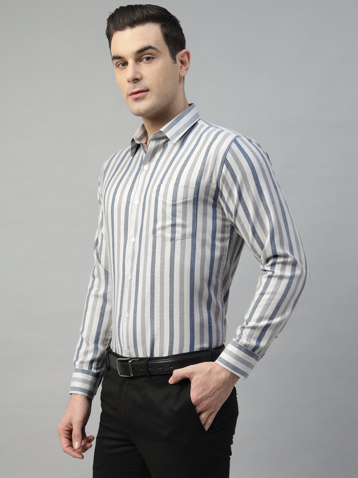 Hancock Men Beige & Grey Stripe Polyester Slim Fit Formal Shirt