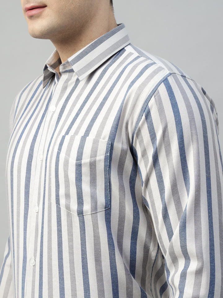 Hancock Men Beige & Grey Stripe Polyester Slim Fit Formal Shirt