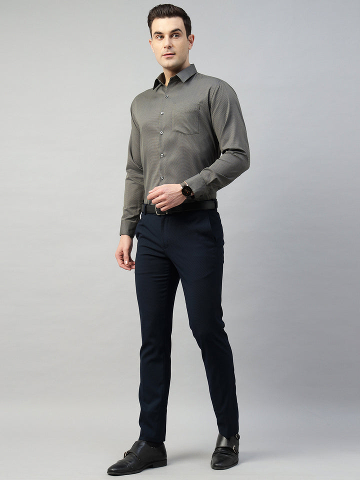 Hancock Men Navy & Yellow Solid Polyester Slim Fit Formal Shirt