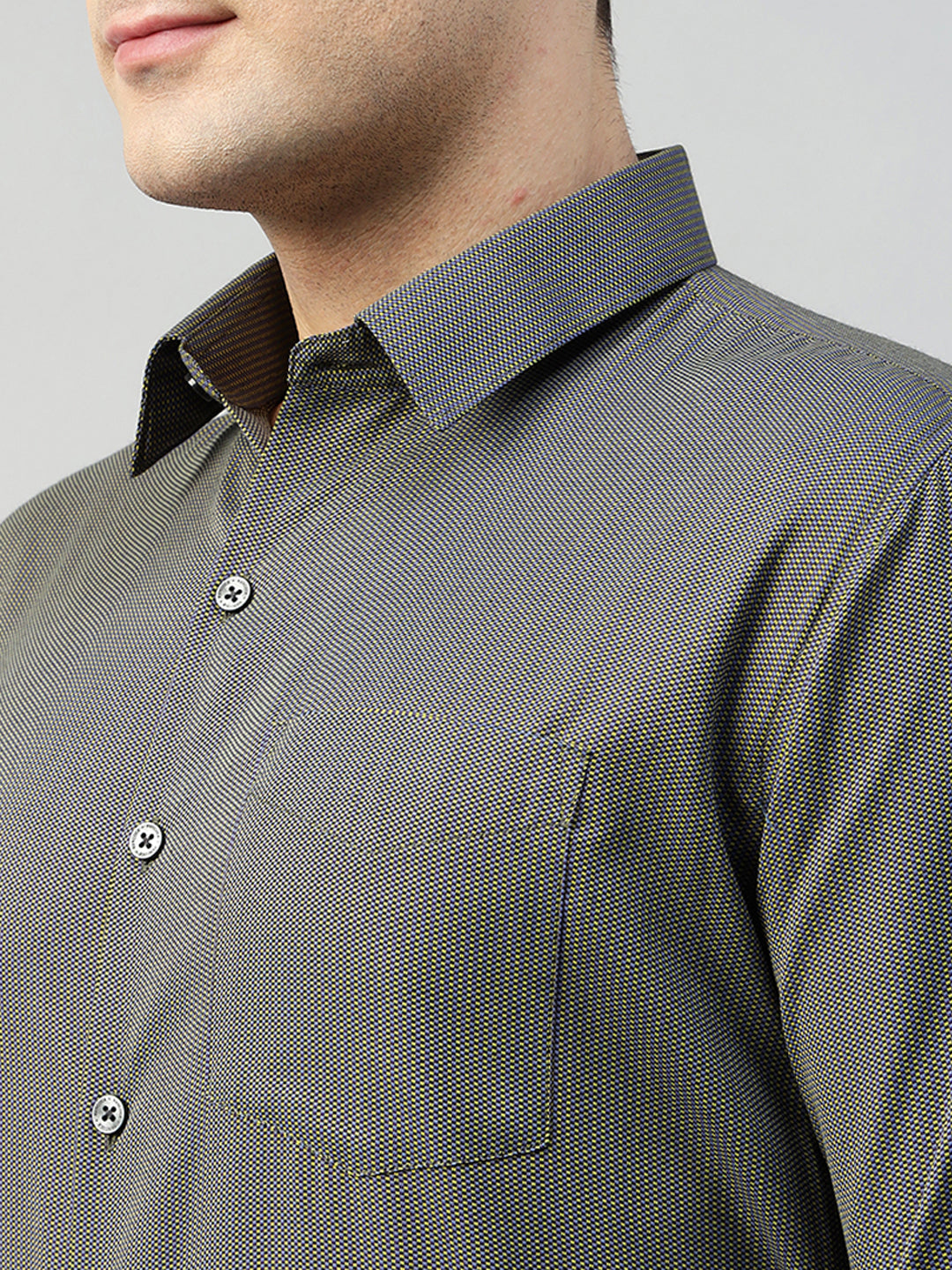 Hancock Men Navy & Yellow Solid Polyester Slim Fit Formal Shirt