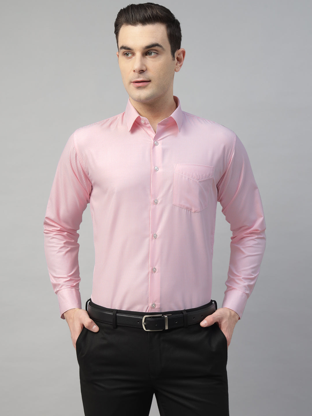 Hancock Men White & Pink Stripe Polyester Slim Fit Formal Shirt