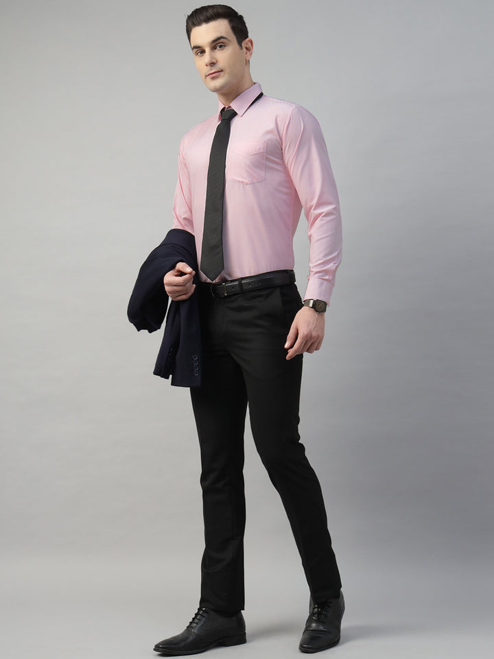 Hancock Men White & Pink Stripe Polyester Slim Fit Formal Shirt