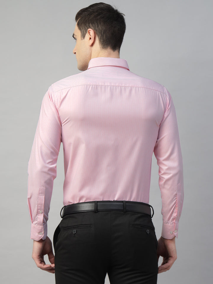 Hancock Men White & Pink Stripe Polyester Slim Fit Formal Shirt