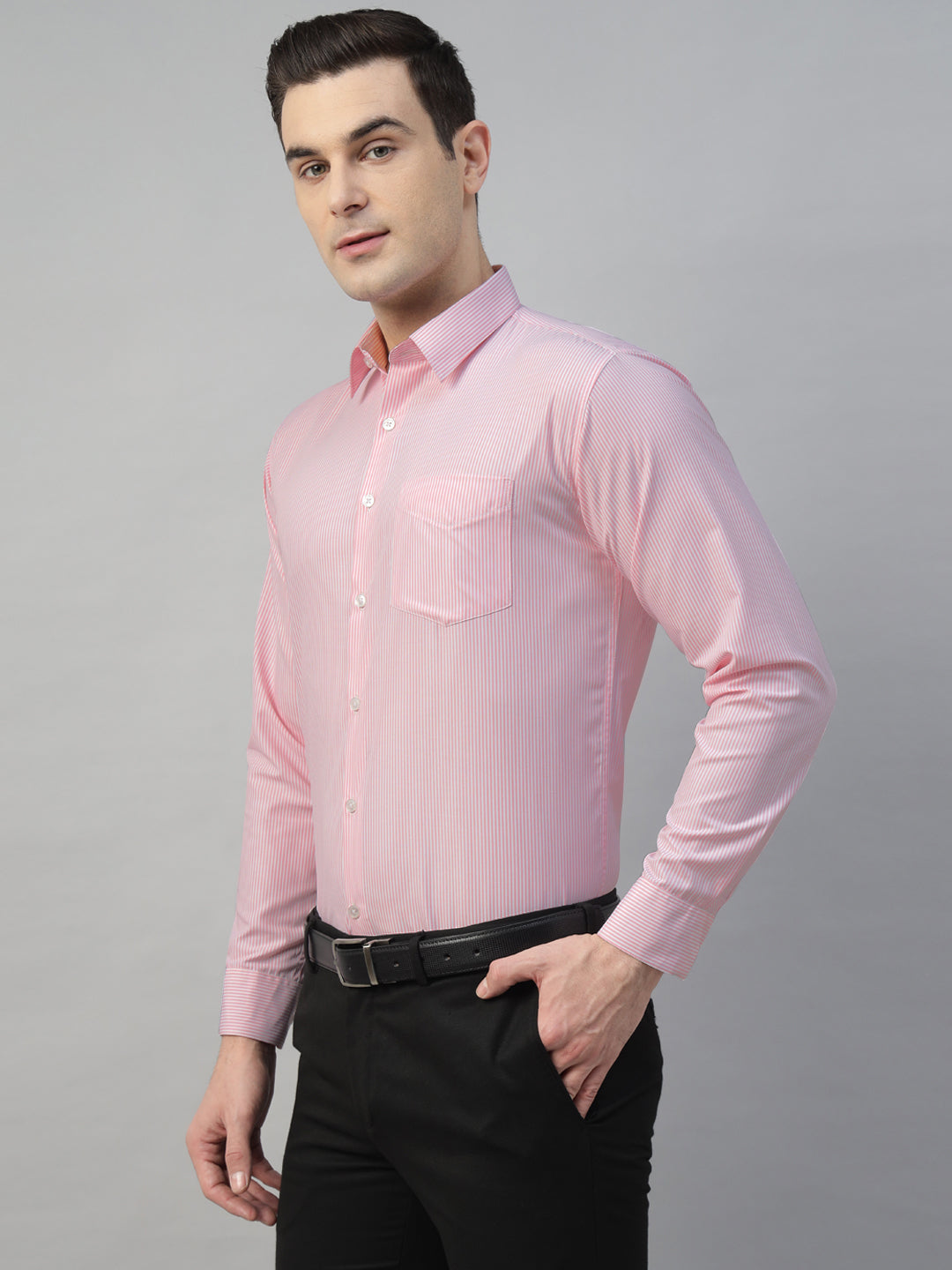 Hancock Men White & Pink Stripe Polyester Slim Fit Formal Shirt