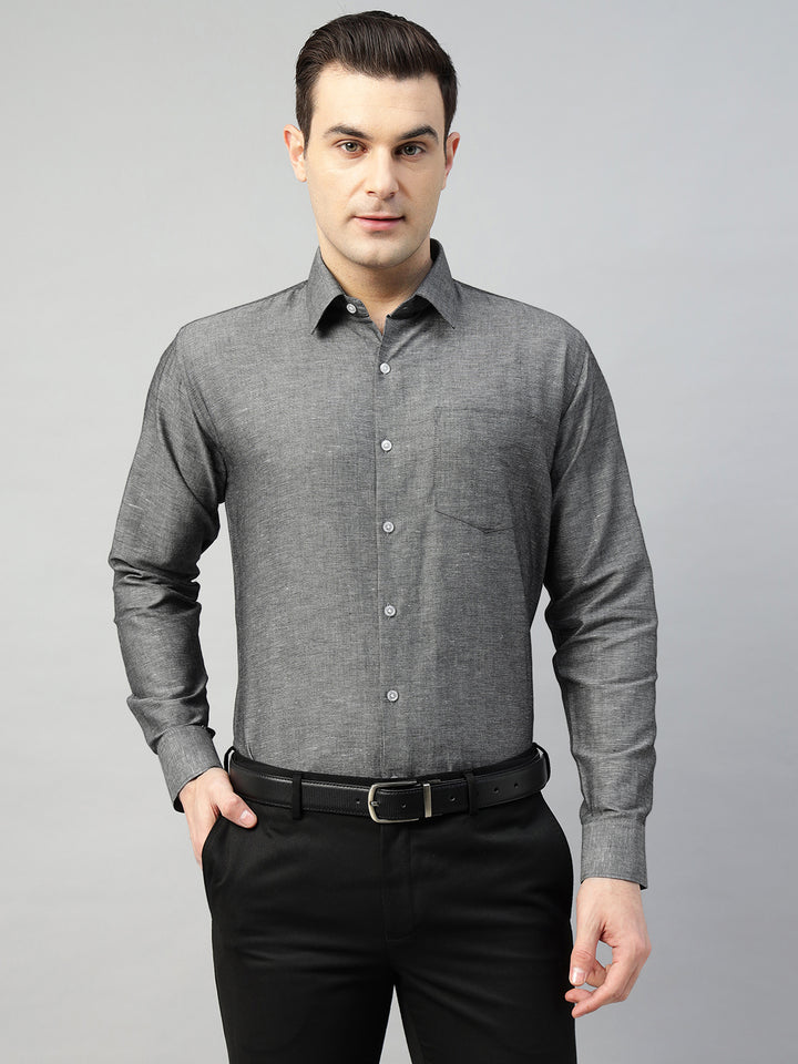 Hancock Men Grey Solid Linen Cotton Slim Fit Formal Shirt