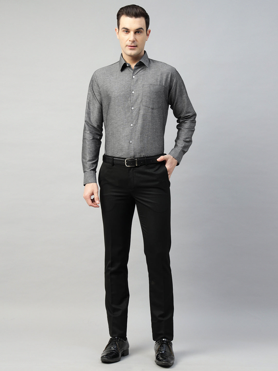 Hancock Men Grey Solid Linen Cotton Slim Fit Formal Shirt