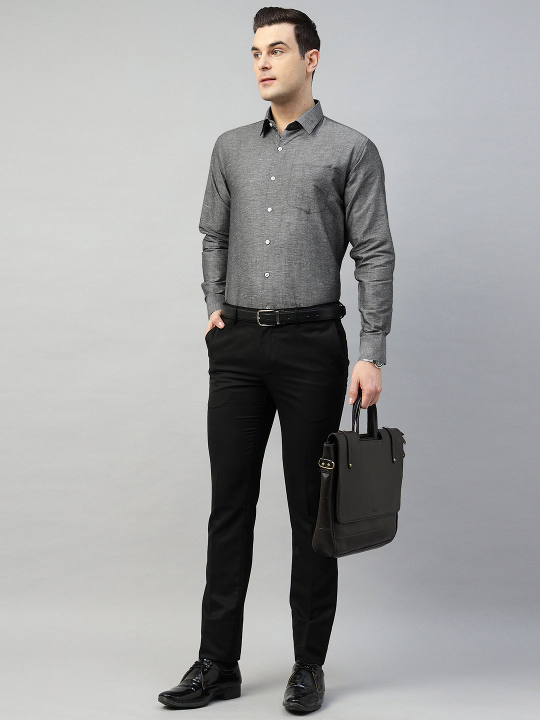 Hancock Men Grey Solid Linen Cotton Slim Fit Formal Shirt