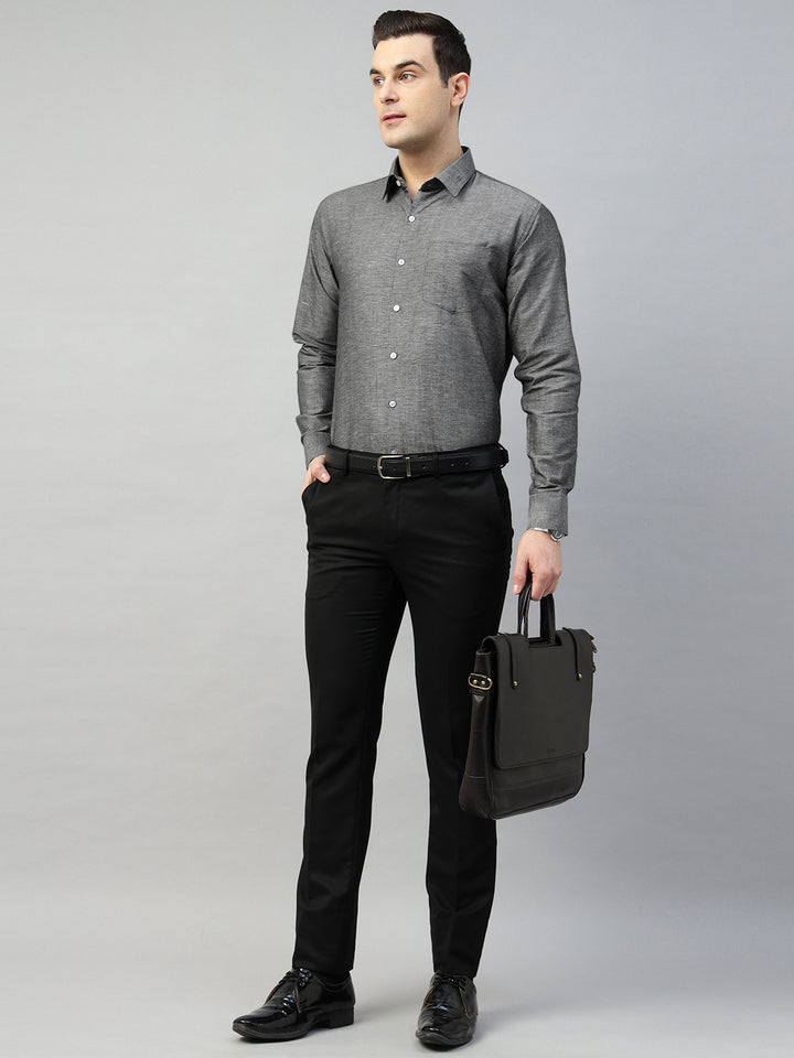Hancock Men Grey Solid Linen Cotton Slim Fit Formal Shirt