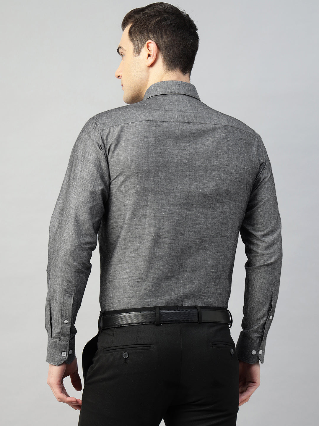 Hancock Men Grey Solid Linen Cotton Slim Fit Formal Shirt