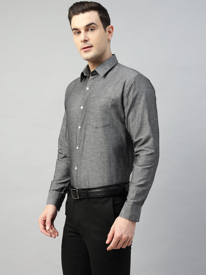 Hancock Men Grey Solid Linen Cotton Slim Fit Formal Shirt